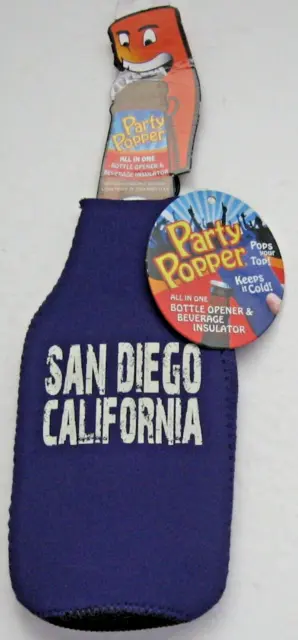 San Diego Purple Party Popper Beer Bottle Zipper Cooler Koozie with Opener