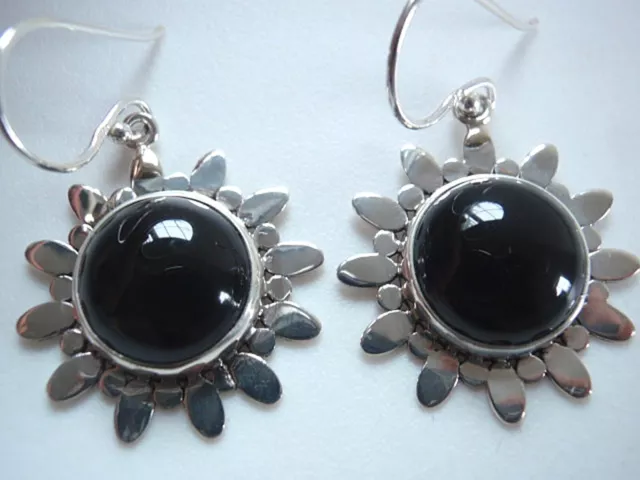 Simulated Black Onyx Sun 925 Sterling Silver Dangle Earrings