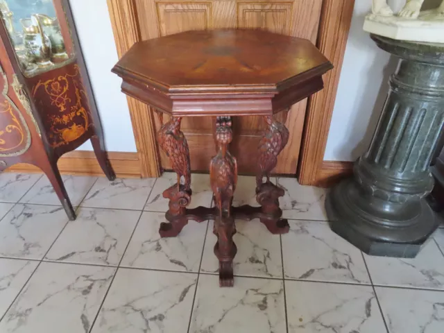 Antique Carved With Ram Heads And Pelikans,Inlaid Top Lamp Table