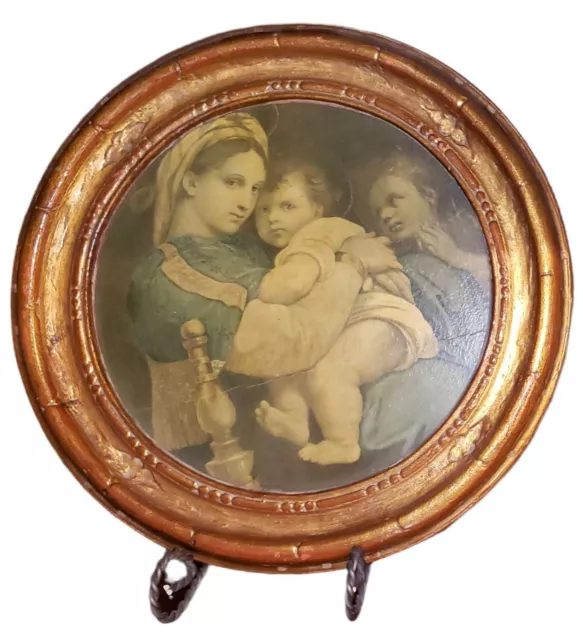 Vintage Madonna of the Chair by Raphael Art Print on Round Gold Frame 11"