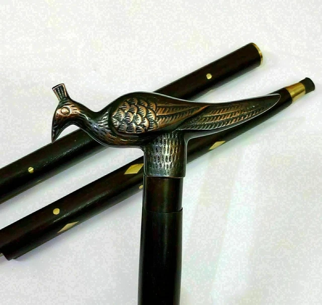 Vintage Antique Black Finish Handmade Peacock Designer Wooden Cane Walking Stick