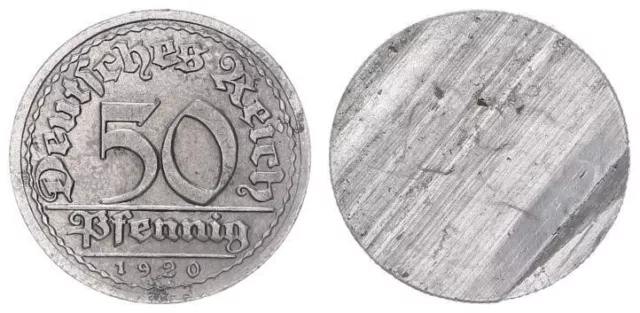 Weimar 50Pfennig 1920 J.301 FEHLPRÄGUNG Wertseite einseitig geprägt ss-vz 86424