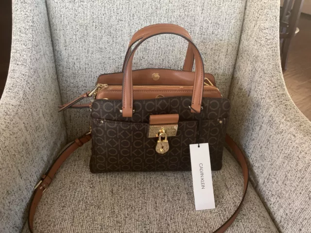 Calvin Klein Camille Lock Satchel Brown CK Logo gold tone accessories NWT