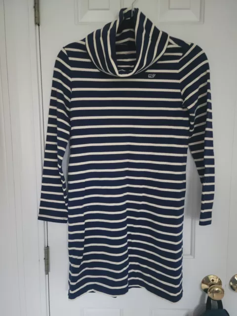 Vineyard Vines Girl’s Navy/White Break Stripe Cowl Neck Dress: L (14), Logo