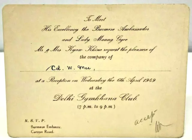 Invitation Burmese Embassy Meet Ambassador Burma New Delhi Gymkhana Club 1949