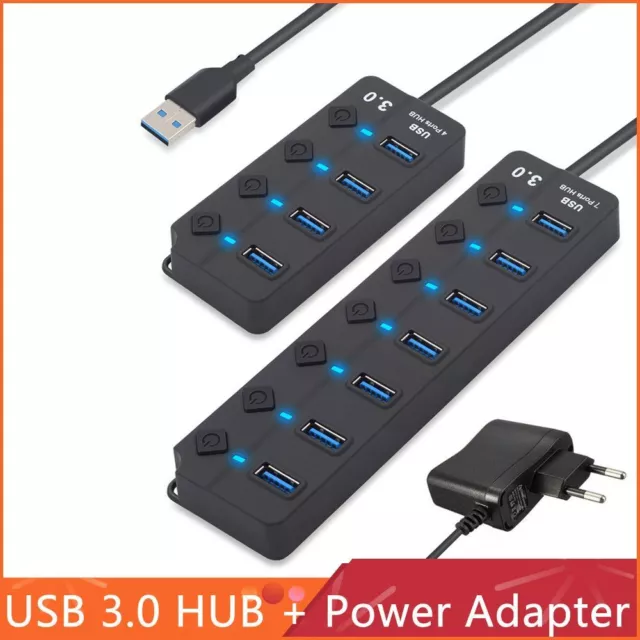 USB 3.0 Hub with Power Adapter 4/7 Ports Splitter On/Off Switch For Laptop PC