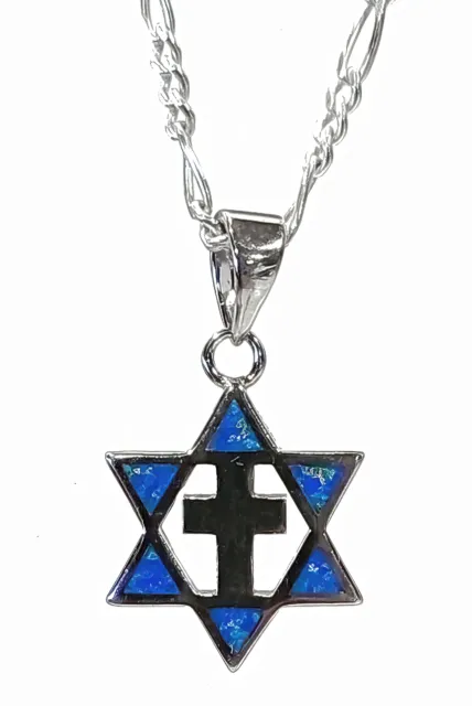 Blue Opal Star Of David With a Christian Cross .925 Sterling Silver Pendant on A