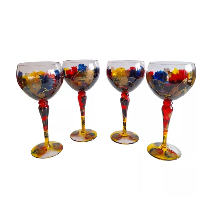 Romania Royal Danube Crystal Wine Glass Stemware Abstract Hand Painted Set Of 4