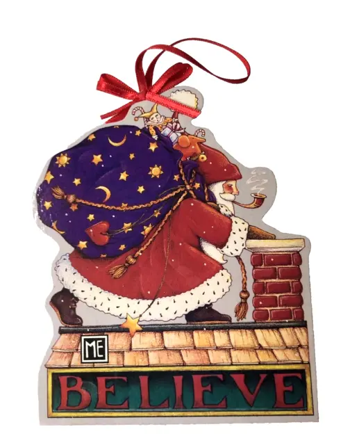 Vtg Mary Engelbreit Wood Santa Ornament BELIEVE Christmas 90s Up on the Rooftop