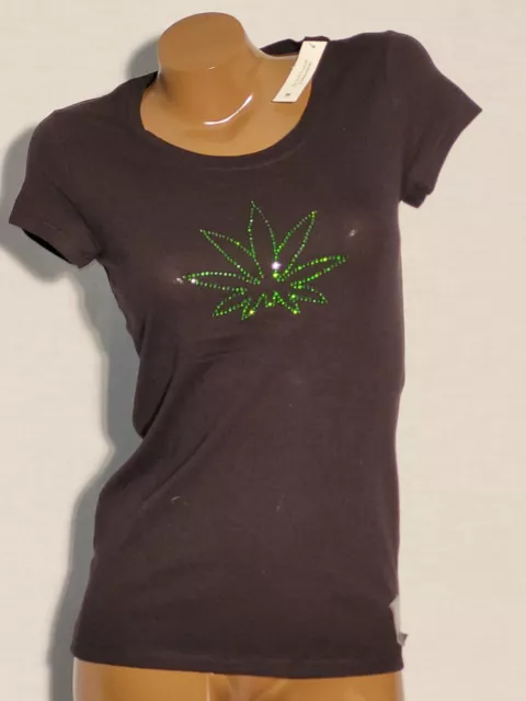 New cap sleeve T shirt with Pot Leaf in rhinestones Black 420 Jr XXXL 21