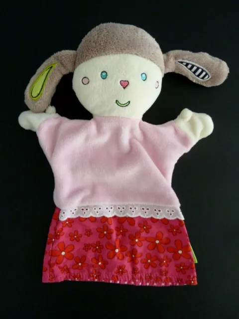 O19- Doudou Plat Babysun Marionnette Fille Poupee Oreille Lapin Rose Fleur Neuf*