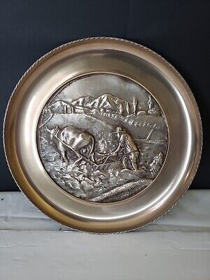 Chinese High Relief Solid Brass Wall Hanging Plate of Man Tilling with Ox