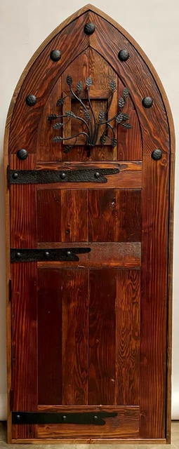 Rustic reclaimed lumber arched top door solid wood TUDOR wine cellar outswing