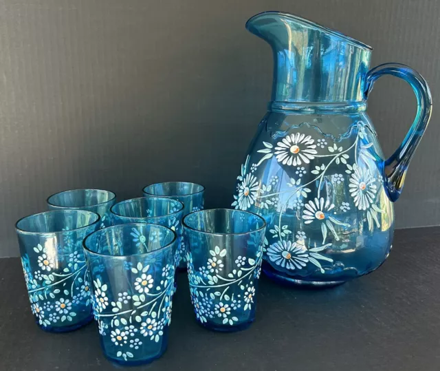 Antique Enameled Pitcher & 6 Tumblers Aqua Blue Hand Painted Flowers Victorian