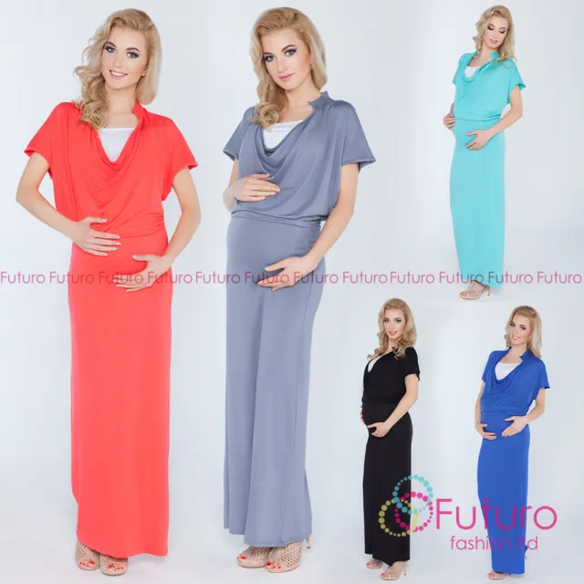 Ladies Maternity Evening Maxi Dress Cowl Neck Full Length Sizes 8-14 8202