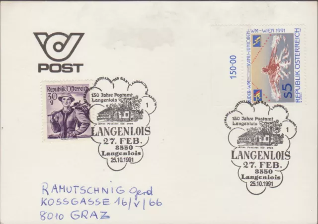 1 schöne Österreichische Karte, gelaufen von Sonderstempel 3550 Langenlois, 1991