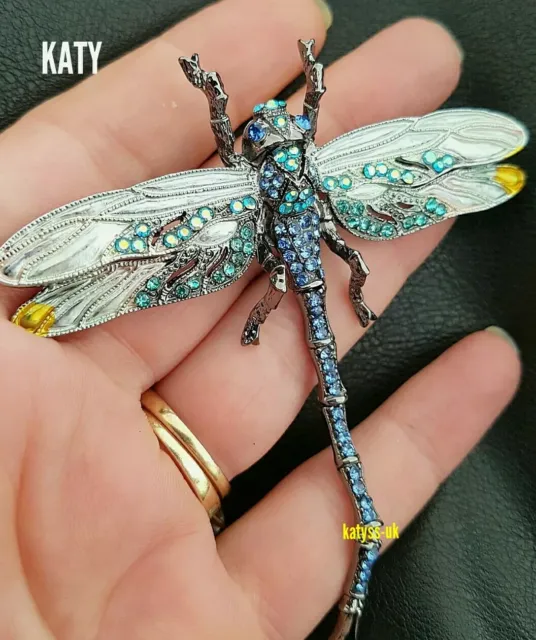 Large Articulated Big Dragonfly Crystal Vintage Deco Look  Blue BROOCH Pin Gift