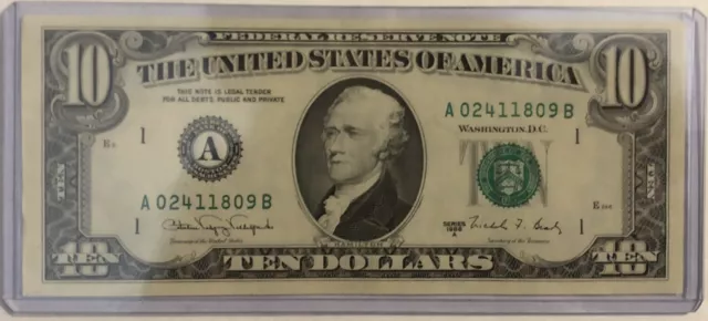 1988 A 10 Dollar Bill Ten Dollar Federal Reserve Note FRN US Series A