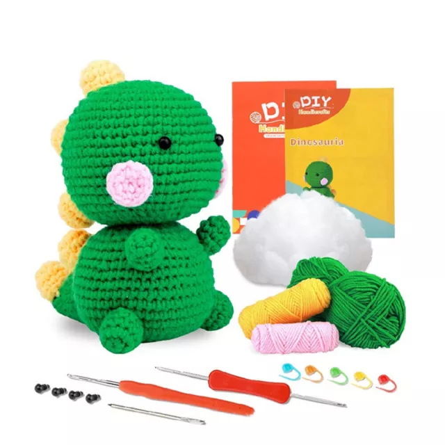 Beginner DIY Crochet Stuffed Animal Green Dinosaur Kit with Crochet Hooks Yarn