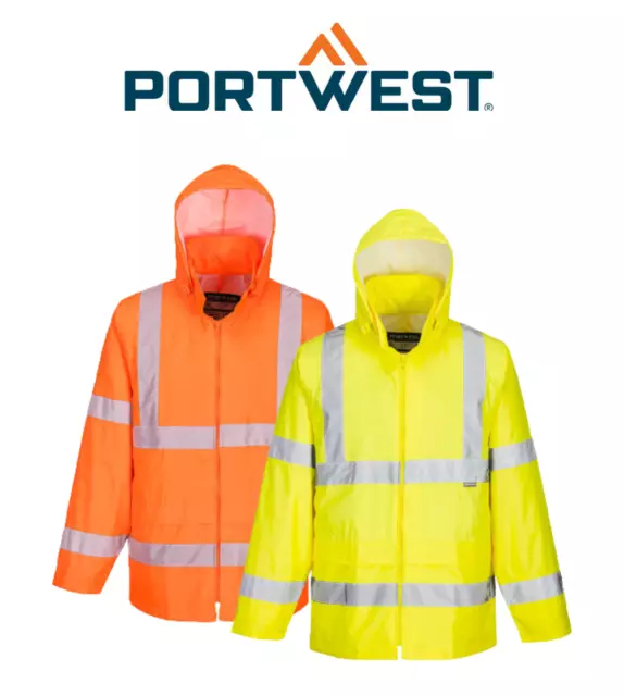 Portwest Mens Hi-Vis Rain Jacket Reflective Taped Hood Work Safety Comfy H440