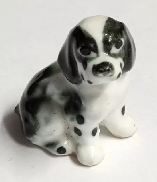 Miniature Porcelain Ceramic Black & White Spaniel Puppy Dog Vintage Figurine 1"w