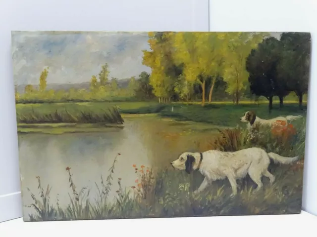 -TABLEAU PEINTURE HST 2 CHIENS DE CHASSE A L'AFFUT EPAGNEULS DEBUT XXe signé A.G