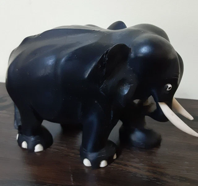 Wood Elephant Statue Hand Carved Wooden Figurine Lucky Trunk Up Sculpture 5.5"