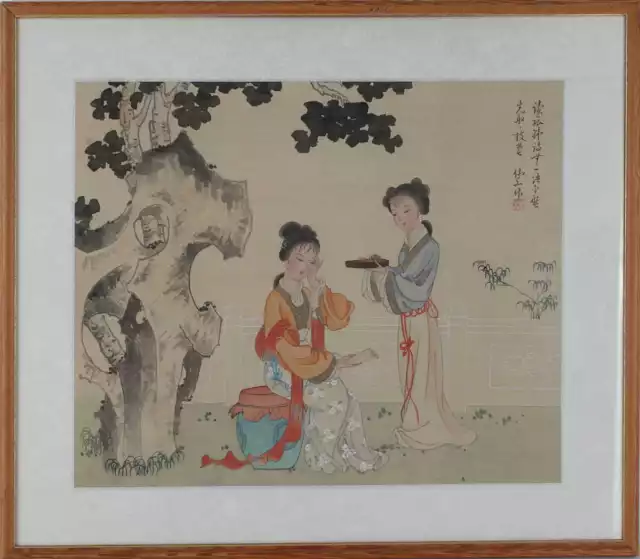 Sich beschenkende Damen Seidenmalerei China 20.Jahrhundert 42,5 X 48,5 cm