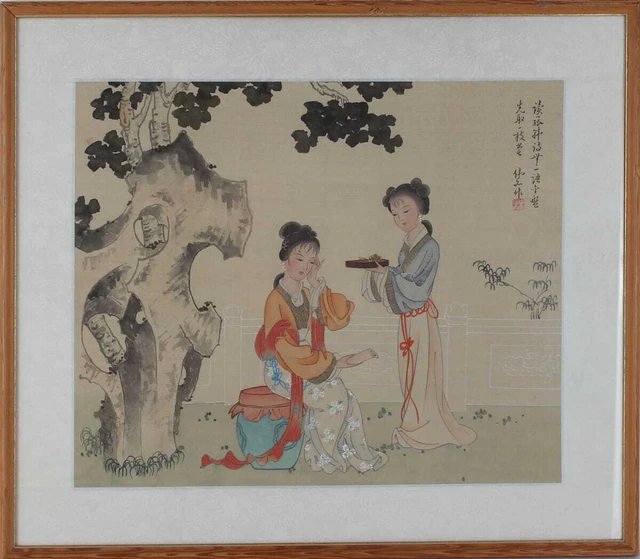 Sich beschenkende Damen Seidenmalerei China 20.Jahrhundert 42,5 X 48,5 cm