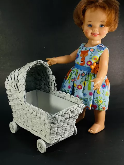 Vintage White Wicker Rattan Baby Doll Stroller Buggy Carriage Pram NO DOLL