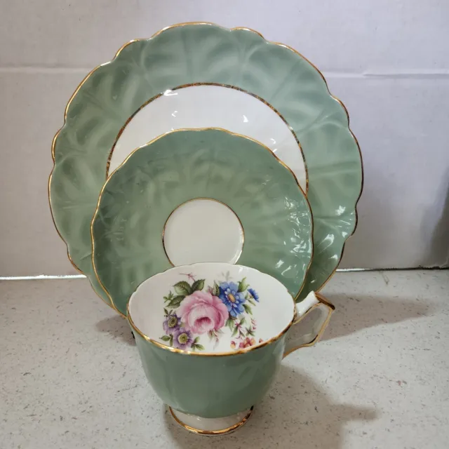 Aynsley Cup & Saucer & Plate w/ Pink & Gold Roses On Green