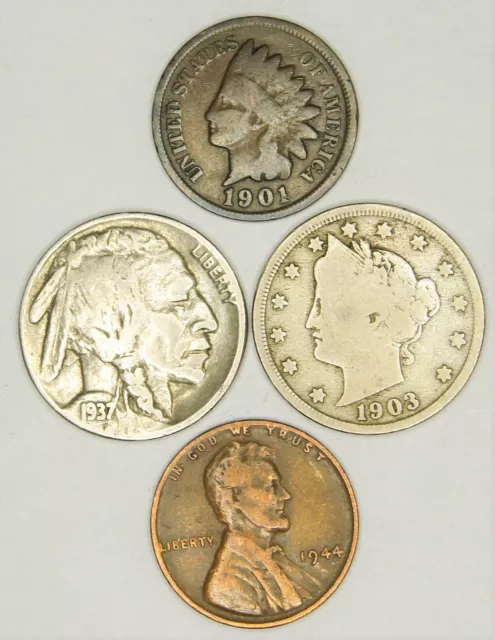 Liberty V Nickel (4) Lot - Buffalo Lincoln Wheat Indian Head Mixed Old US Coins