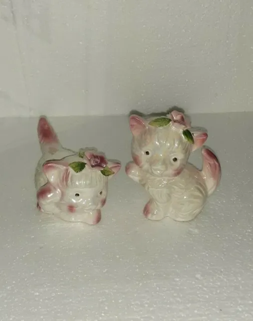 Vintage 1970’s Ceramic Lusterware Iridescent White and Pink Glaze Kittens Set