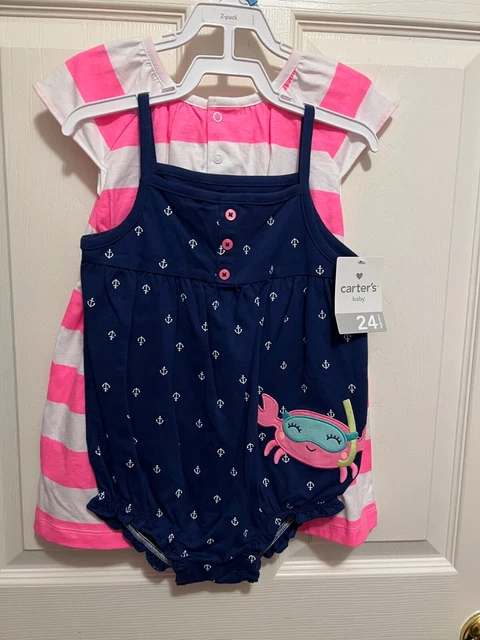 Carters Infant Girls 3 piece Blue Print Bodysuit Striped Dress Set Size 24 M NWT