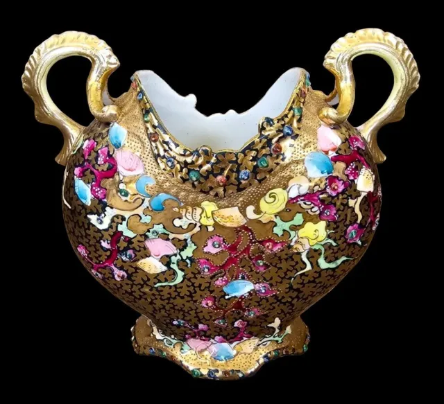 Scarce Nippon Vase Antique Hand-Painted Sea Shell Seashell Raised Gold Beaded