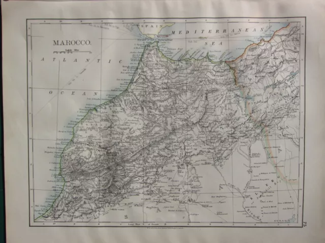 1900 Victorian Map ~ Morocco Strait of Gibraltar Morocco Fez Shawia Oran