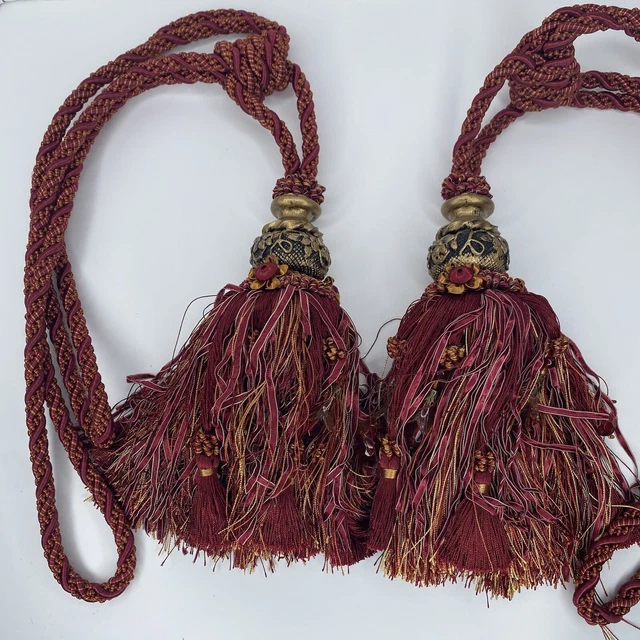Set of 2 Double Large Gold & Red Lux Beaded Tassel Curtain Drapery Tiebacks