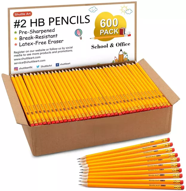 600 Pack Sharpened Yellow #2 HB Pencils: Wood-Cased with Erasers - Bulk Pack for