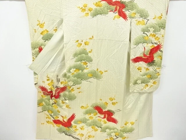 6884115: Japanese Kimono / Antique Furisode / Embroidery / Crane With Pine &