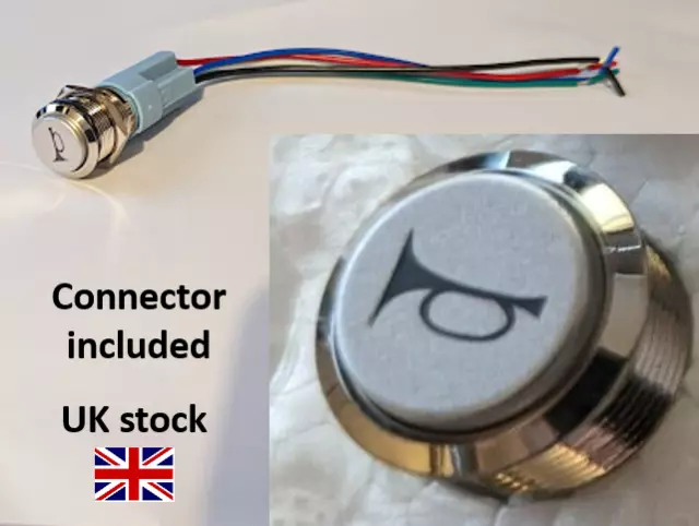 Chrome Horn backlit momentary 12V 3A push button switch 16mm IP65 IK10 UK STOCK