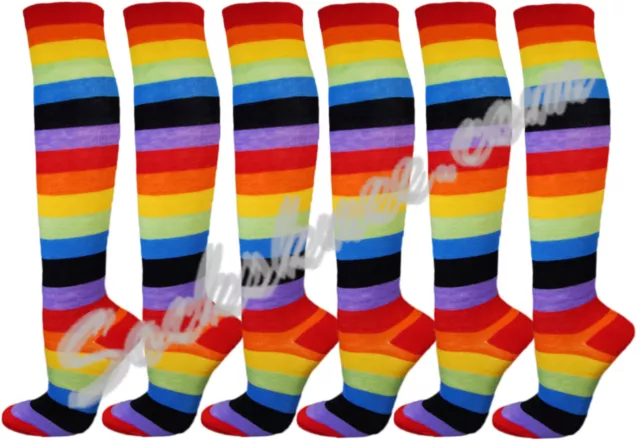 RAINBOW STRIPED COUVER Premium Quality Cotton Knee High Socks 6 Pairs ...
