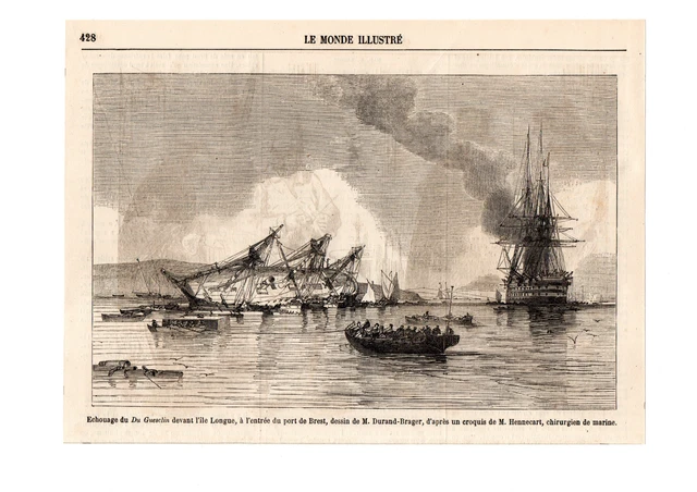 Gravure 1859. Echouage Du Du Gueslin Devant L’ile Longue, Entree Port De Brest..