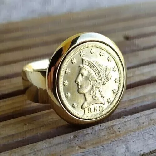 Without Stone LADY LIBERTY Coin Men's Ring Jewelry Gift 14K Yellow Gold Plated