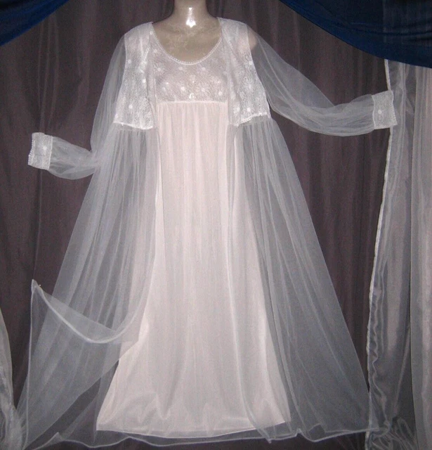 SM.2PC.BRIDAL WHITE,LONG,NYLON,CHIFFON,VINTAGE NIGHTGOWN,PEIGNOIR,SET ...