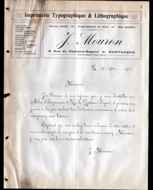 MONTLUCON (03) IMPRIMERIE TYPOGRAPHIE LITHOGRAPHIE "J. MOURON" en 1912