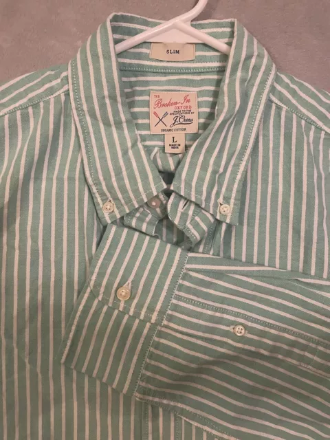 J Crew Broken In Oxford Shirt Mens Mint Green Striped Cotton Slim Fit Size L