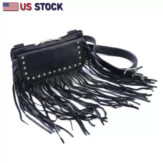 Women Leather Hip Clip Purse Bag Fringe & Stud Waist Bag Fanny Pack Motorcycle