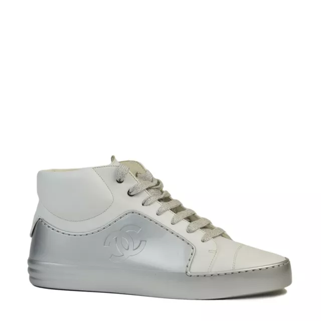 CHANEL CALFSKIN CROCODILE EMBOSSED WHITE HIGH TOP SNEAKERS 8. BRAND NEW!!