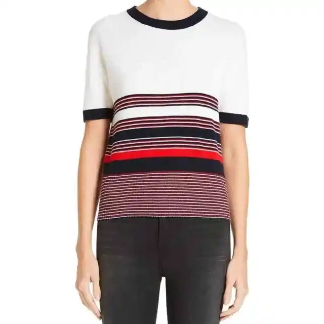 Rag & Bone $295 Merino Wool Red Beige  Striped Short Sleeve Crew Neck Sweater