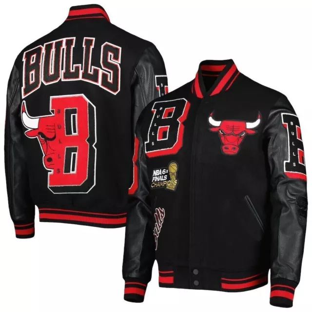 Men’s Black Standard Chicago Bulls Mash Up Varsity Jacket Size Available 2